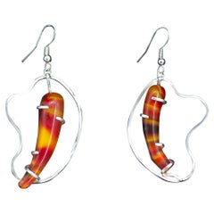 Contemporary Art Nouveau Abstract Organic Silver & Orange Red Glass Earrings