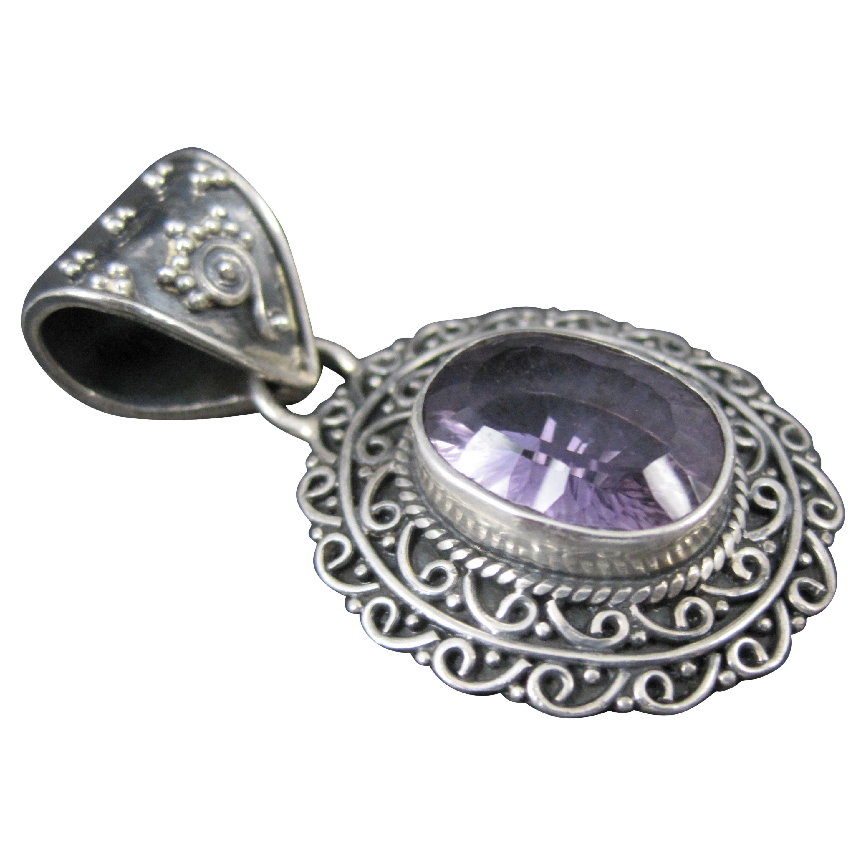 Large Ornate Sterling Silver 6 Carat Amethyst Pendant For Sale