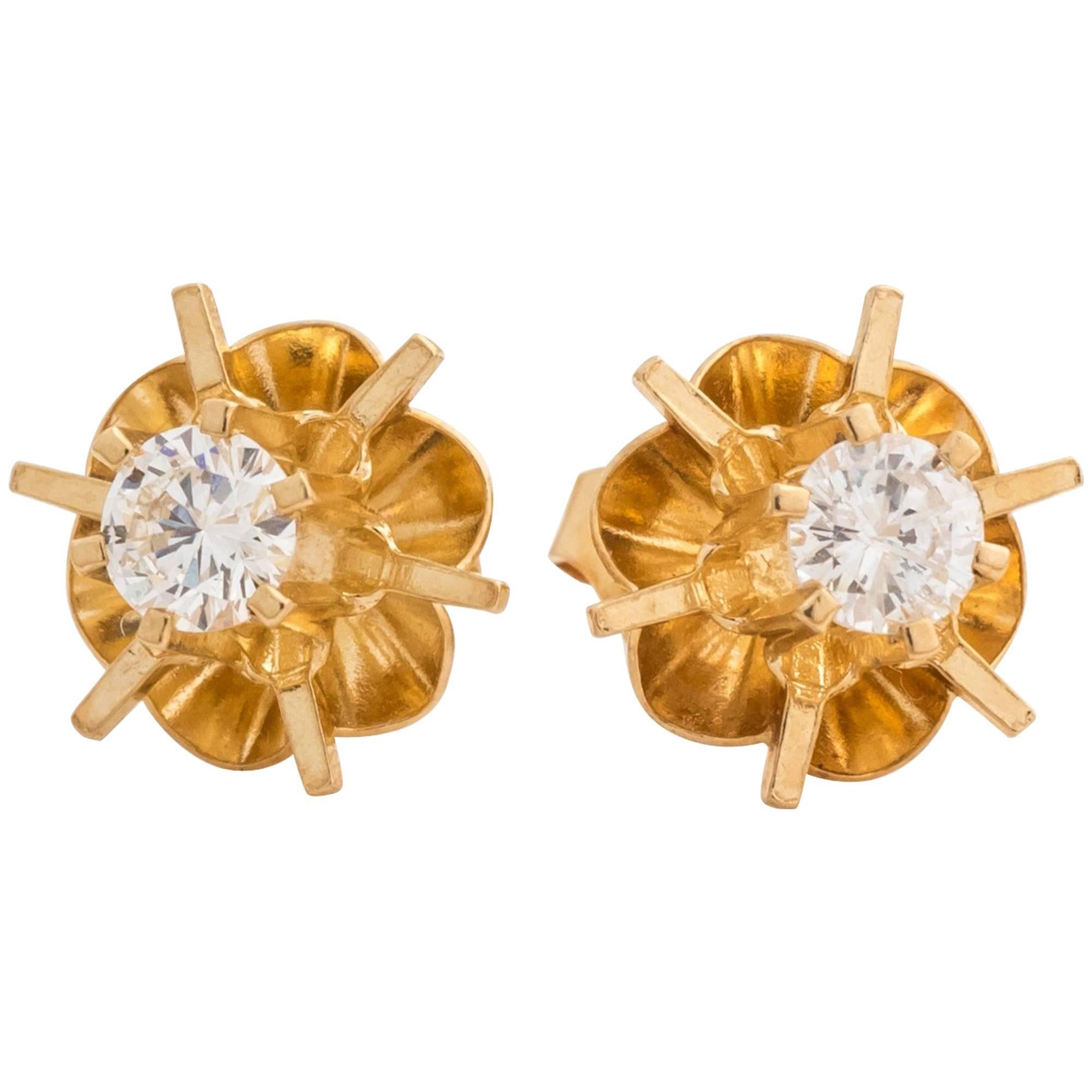 1950s Tulip Design Old European Diamond Gold Stud Earrings