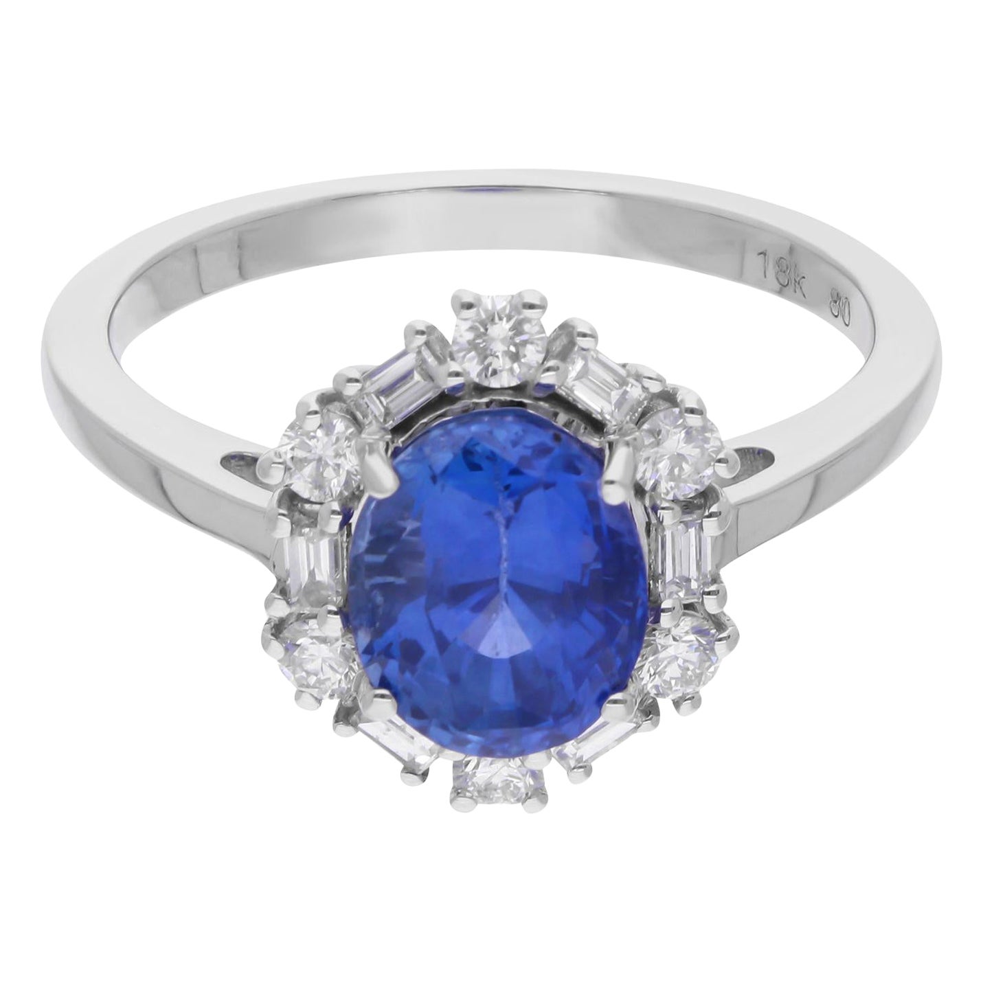 Zafiro Azul Piedra Preciosa Anillo de Cóctel Diamante 10 Kt Oro Blanco Joyería Artesanal