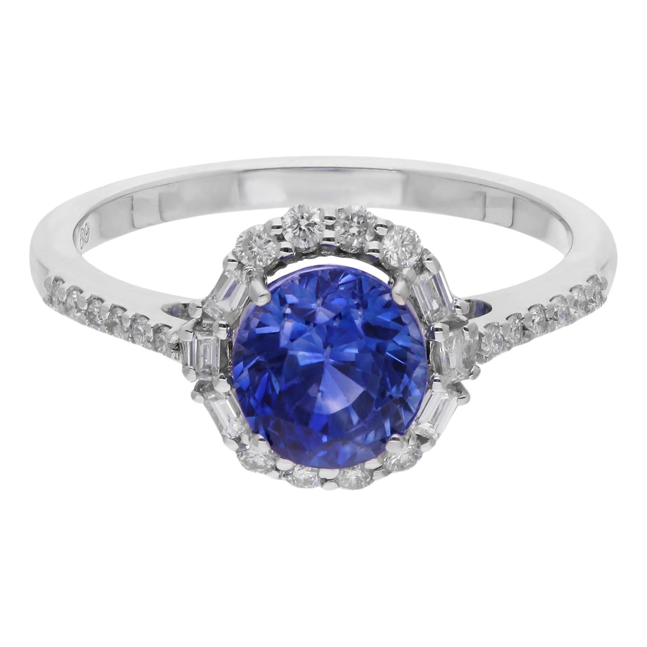 Blue Sapphire Gemstone Cocktail Ring Baguette Diamond 10 Kt White Gold Jewelry