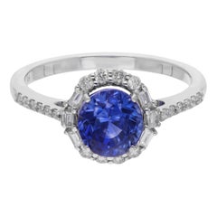 Blue Sapphire Gemstone Cocktail Ring Baguette Diamond 10 Kt White Gold Jewelry