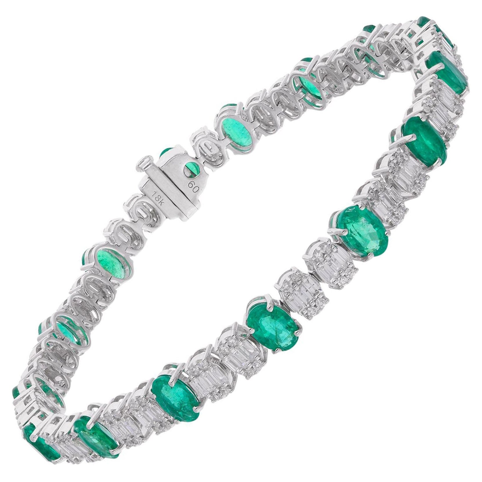 Oval Zambian Emerald Gemstone Bracelet Baguette Diamond 10 Karat White Gold