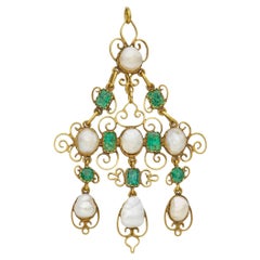 Antique Emerald Pearl Pendant Necklace Renaissance Revival Gold 19th Century