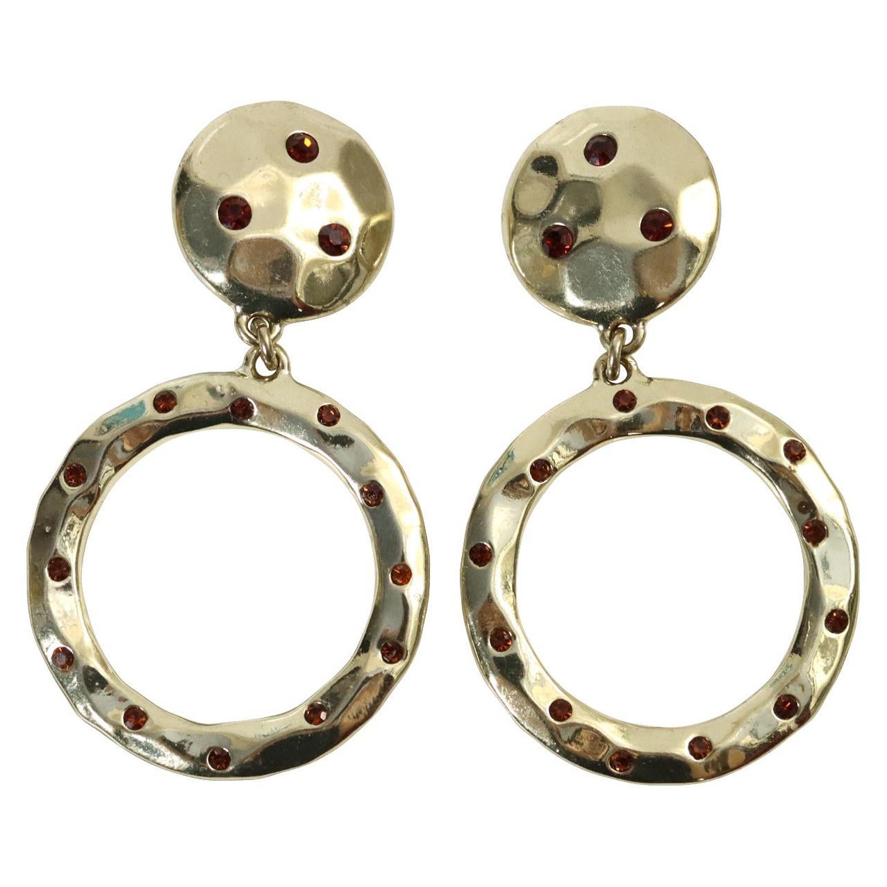 Vintage Heidi Daus Gold Tone With Red Crystals Dangling Hoop Earrings Circa 1990 For Sale
