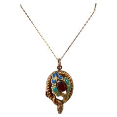 Victorian Garnet Enamel Snake Flower Pendant Necklace Antique Gold 1860