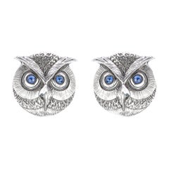 Tichu Blue Sapphire and Crystal Quartz Owl Face Cufflink in Sterling Silver
