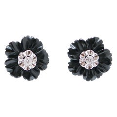 Onyx, Diamonds, 14 Karat White Gold Earrings.