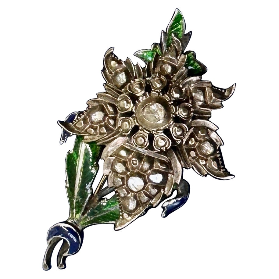 Rare Georgian Rose Cut Diamond Enamel Flower Pendant Silver And Gold Necklace