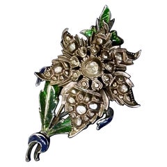 Rare Georgian Rose Cut Diamond Enamel Flower Pendant Silver And Gold Necklace
