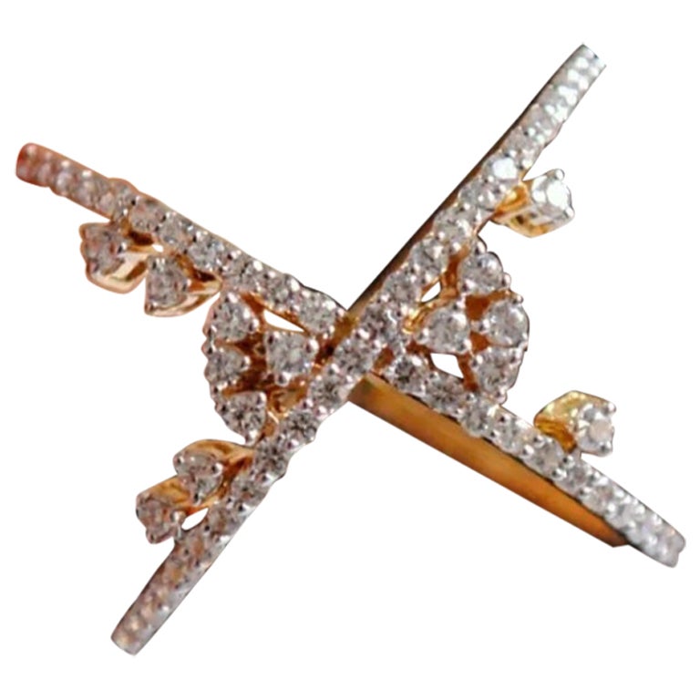 14k Solid Gold Criss cross Diamond Statement Ring Wedding Crossover Ring Band.