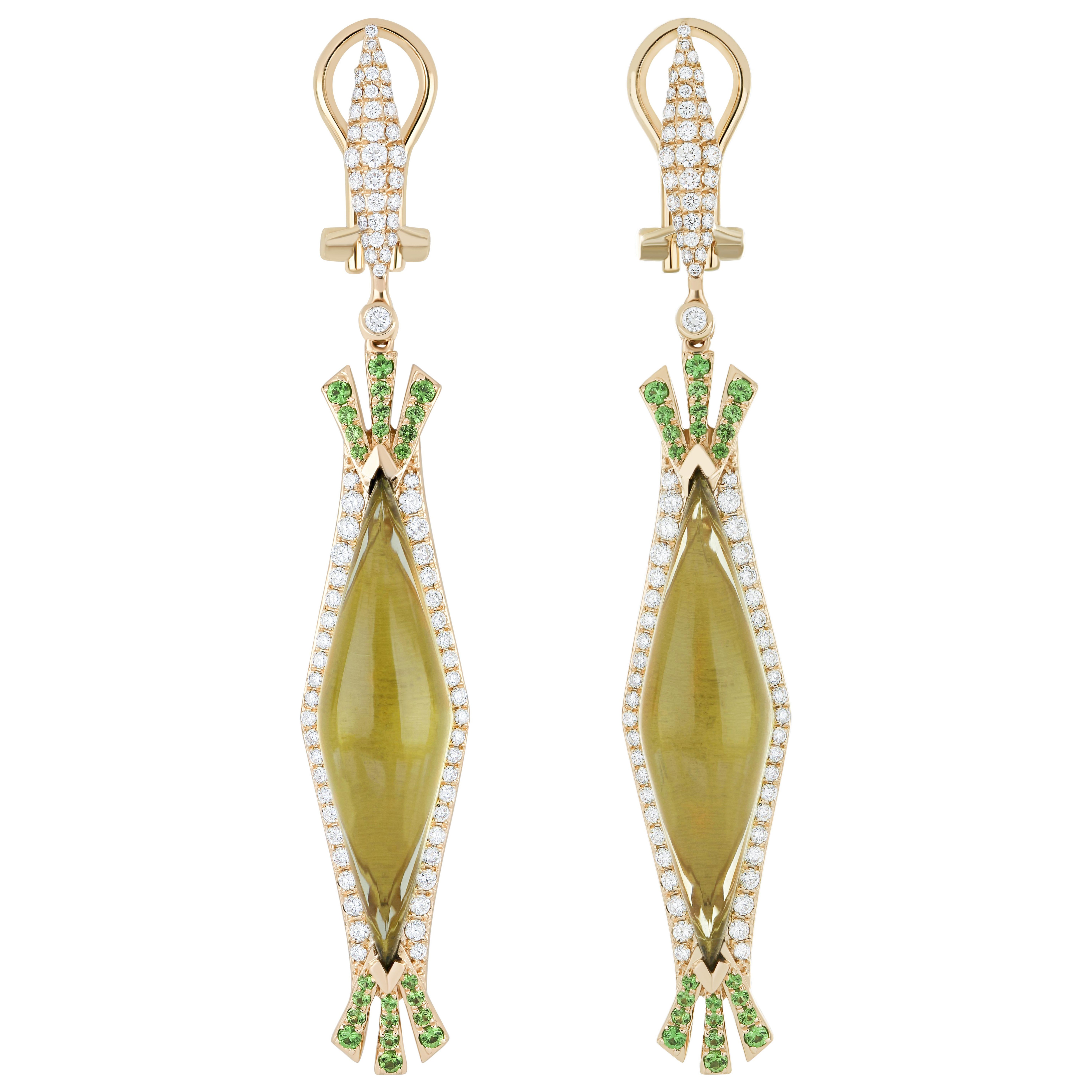 Lemon Quartz, Tsavorite & Diamond Earring in 14K Yellow Gold Hand-Craft Earring