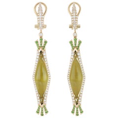 Lemon Quartz, Tsavorite & Diamond Earring in 14K Yellow Gold Hand-Craft Earring