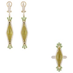 Lemon Quartz, Tsavorite & Diamond Ring, Earring Set in 14K Yellow Gold