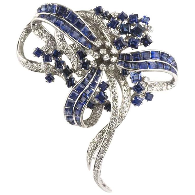 Diamond and Blue Sapphire Brooch at 1stDibs