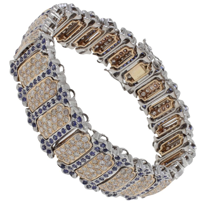 Retro Blue Sapphires Diamonds Gold Bracelet For Sale
