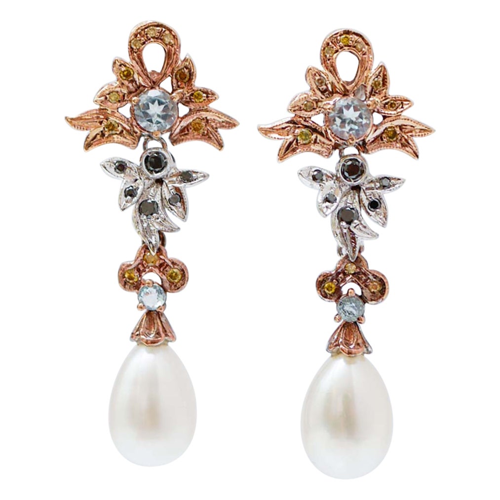 Pearls, Topazs, Black and Fancy Diamonds, 14 Kt Rose Gold and White Gold Earring