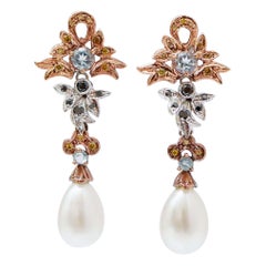 Pearls, Topazs, Black and Fancy Diamonds, 14 Kt Rose Gold and White Gold Earring