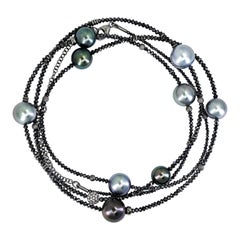 Round Tahitian Pearl Black + White Diamond 18k Gold Long Necklace, Gellner 2024