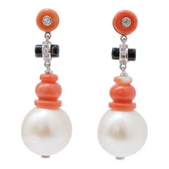 13 Mm Pearls, Onyx, Coral, Diamonds, Platinum Earrings.