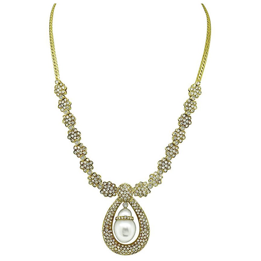 Estate South Sea Pearl 10.00ct Diamond Gold Necklace For Sale