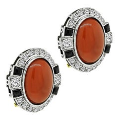 Onyx-Ohrringe, Koralle 0,75 Karat Diamant, Vintage