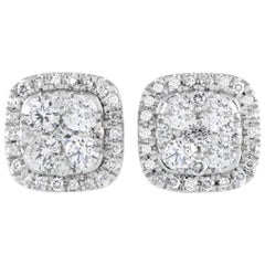 14K White Gold 1.0ct Diamond Cushion Cluster Earrings