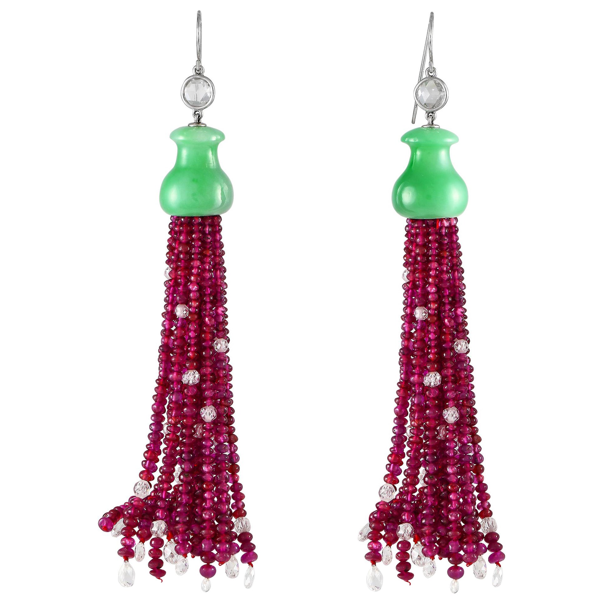 11.50ct Briolette Diamond, Ruby and Jade Tassel Earrings