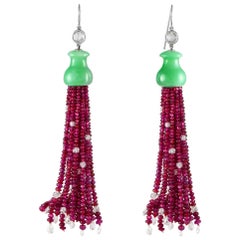 Pendientes de borla de diamante briolette, rubí y jade de 11,50 ct