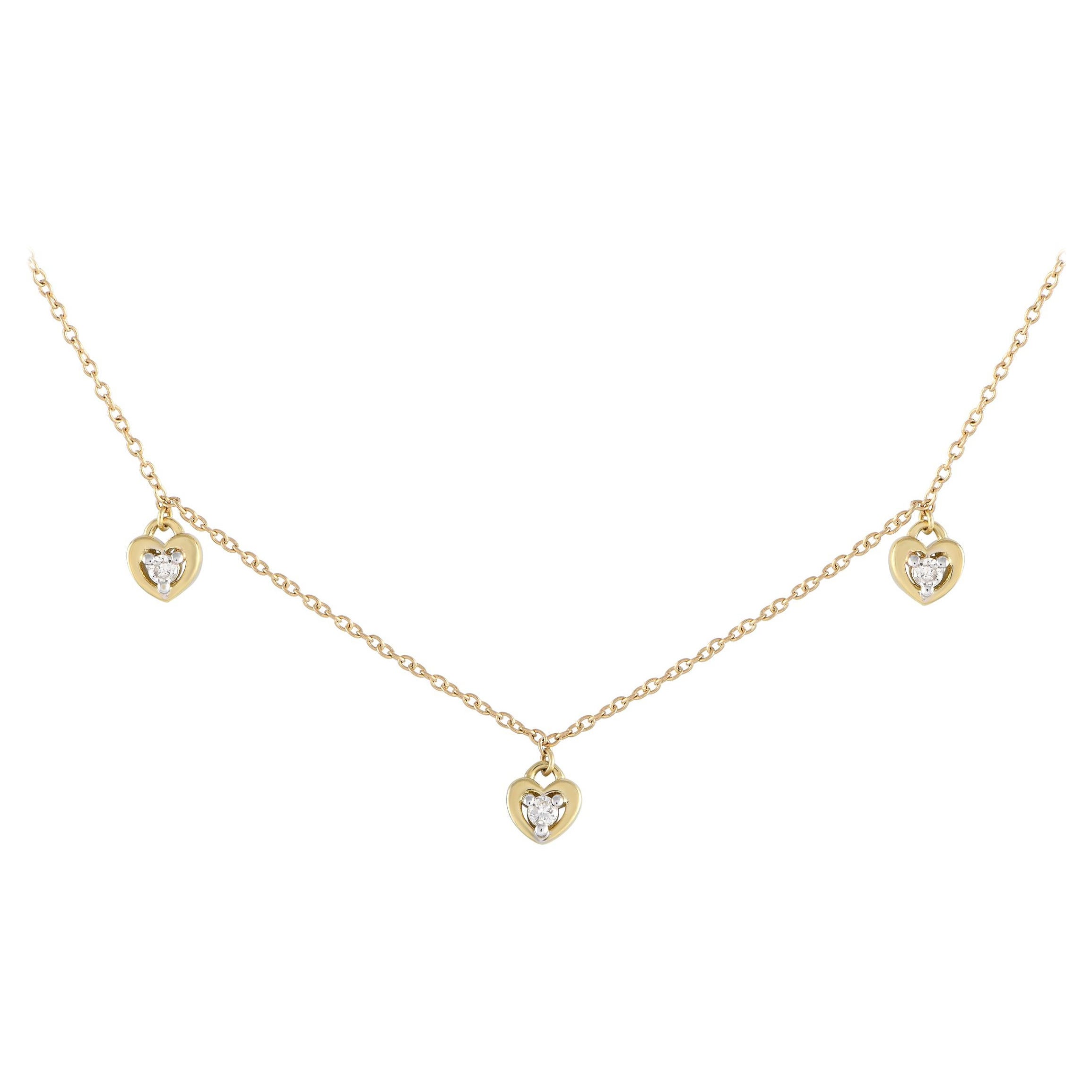 14K Yellow Gold 0.10ct Diamond Heart Station Necklace