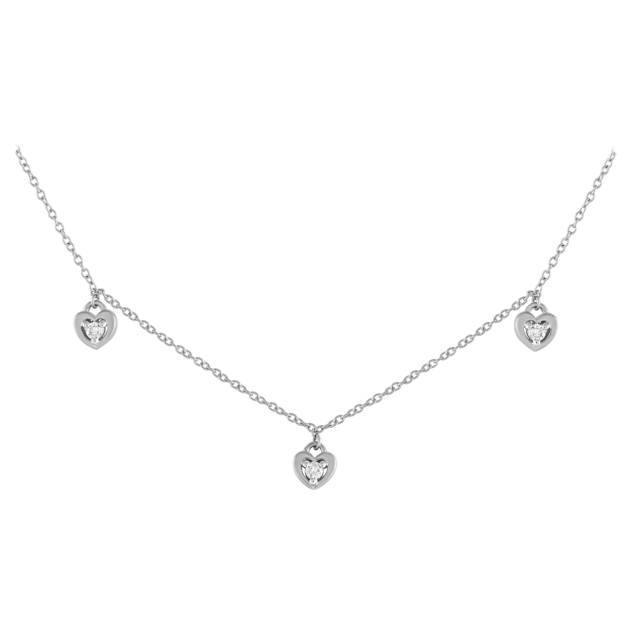 14K White Gold 0.10ct Diamond Heart Station Necklace