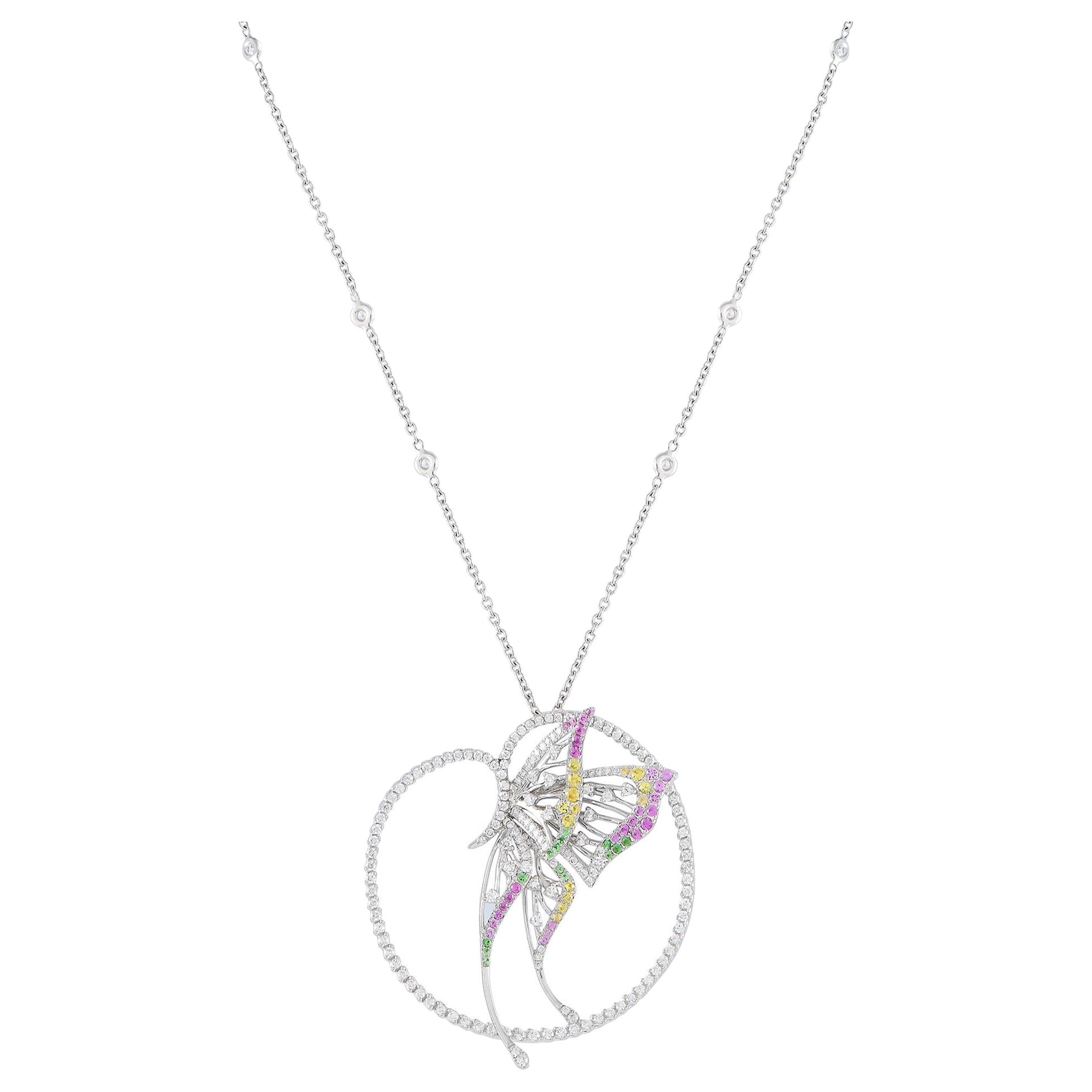 Bucherer 18K White Gold 2.20ct Diamond Sapphire and Tsavorite Butterfly Necklace