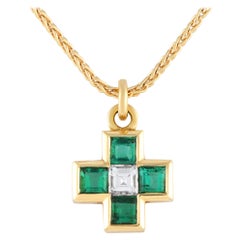 Bvlgari 18K Yellow Gold 0.18ct Diamond and Emerald Cross Necklace