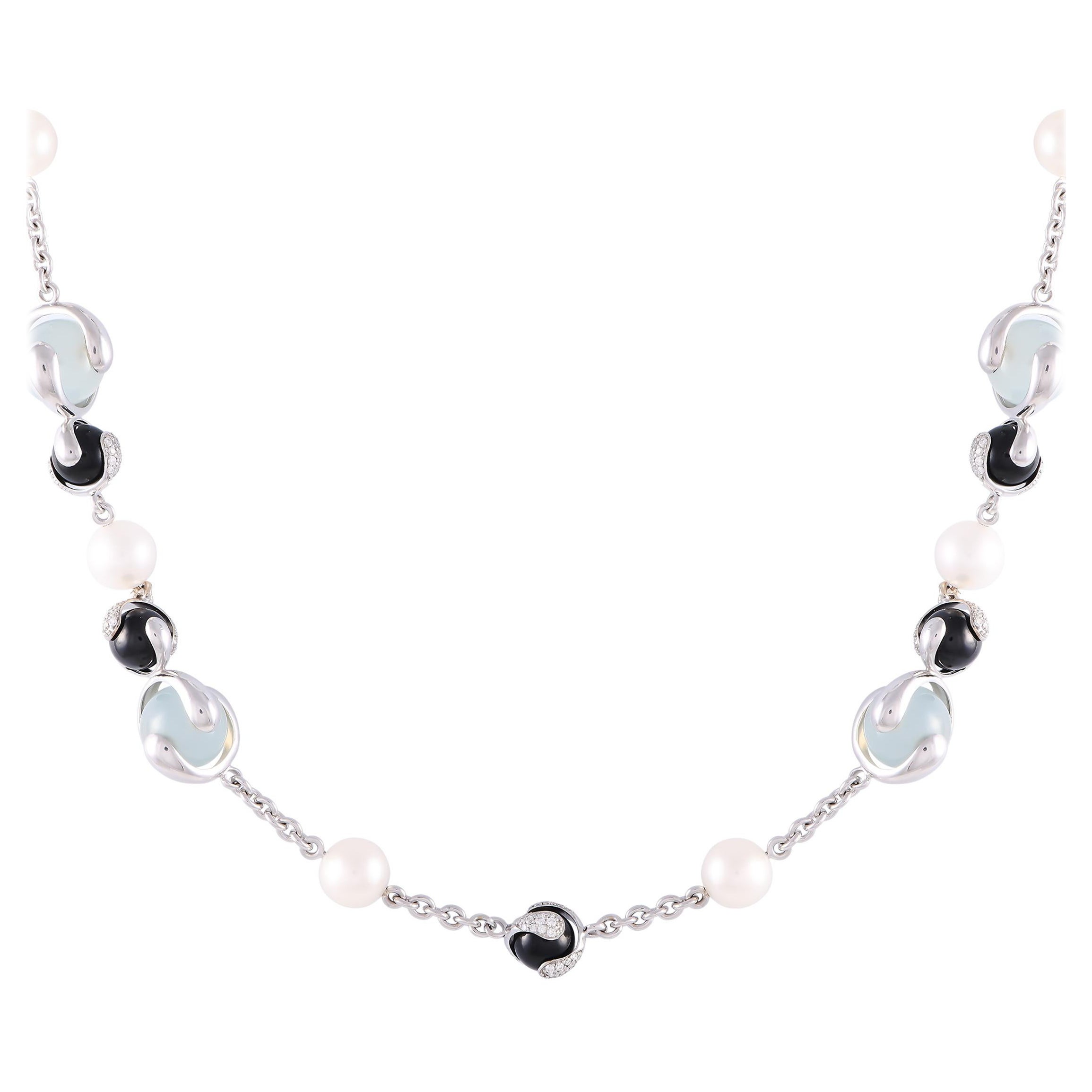 Marina B. 18K White Gold 4.5ct Diamond, Onyx, Pearl and Aqua Necklace For Sale