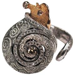 Diamond Silver Gold Codi The Snail Ring w Swirl Texture Ltd Ed Handmade in NYC