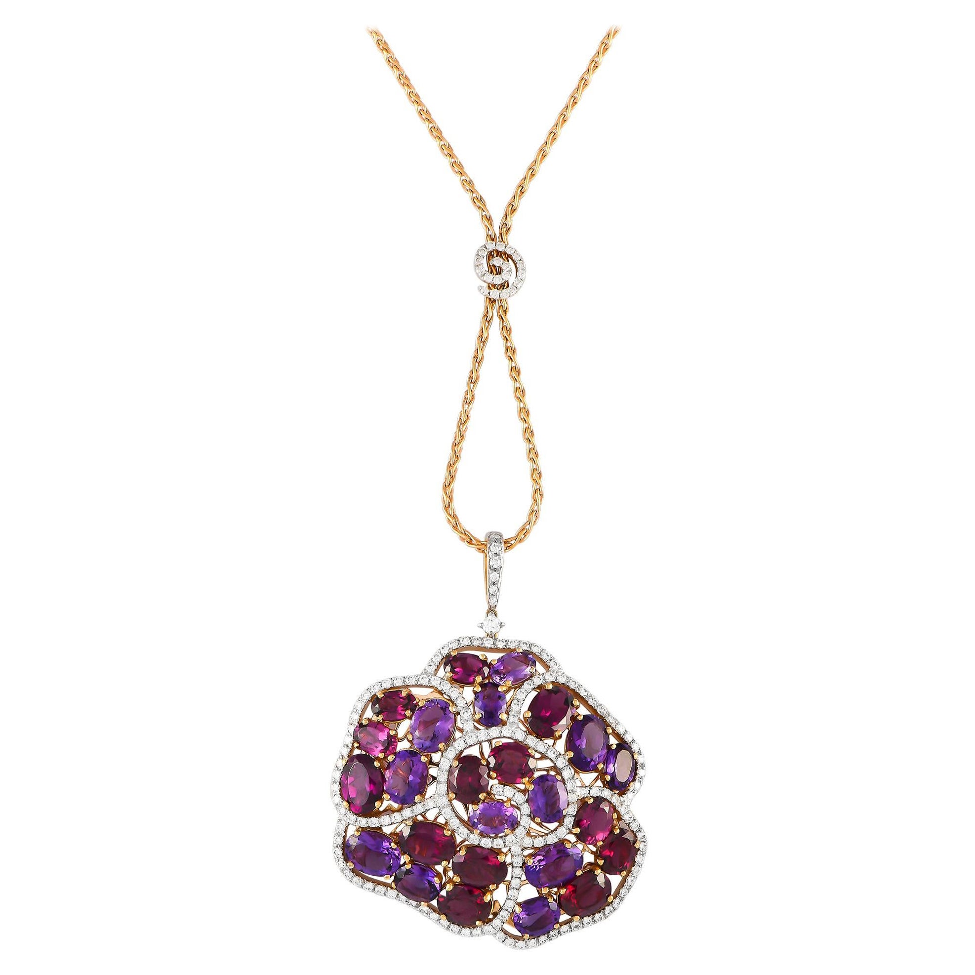 Casato 18K Rose Gold 1.57ct Diamond, Amethyst, and Rhodolite Pendant Necklace