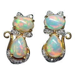 Ethiopian Opal Diamond 14k Solid Gold Kitty Cat Bow Stud Earrings Pair