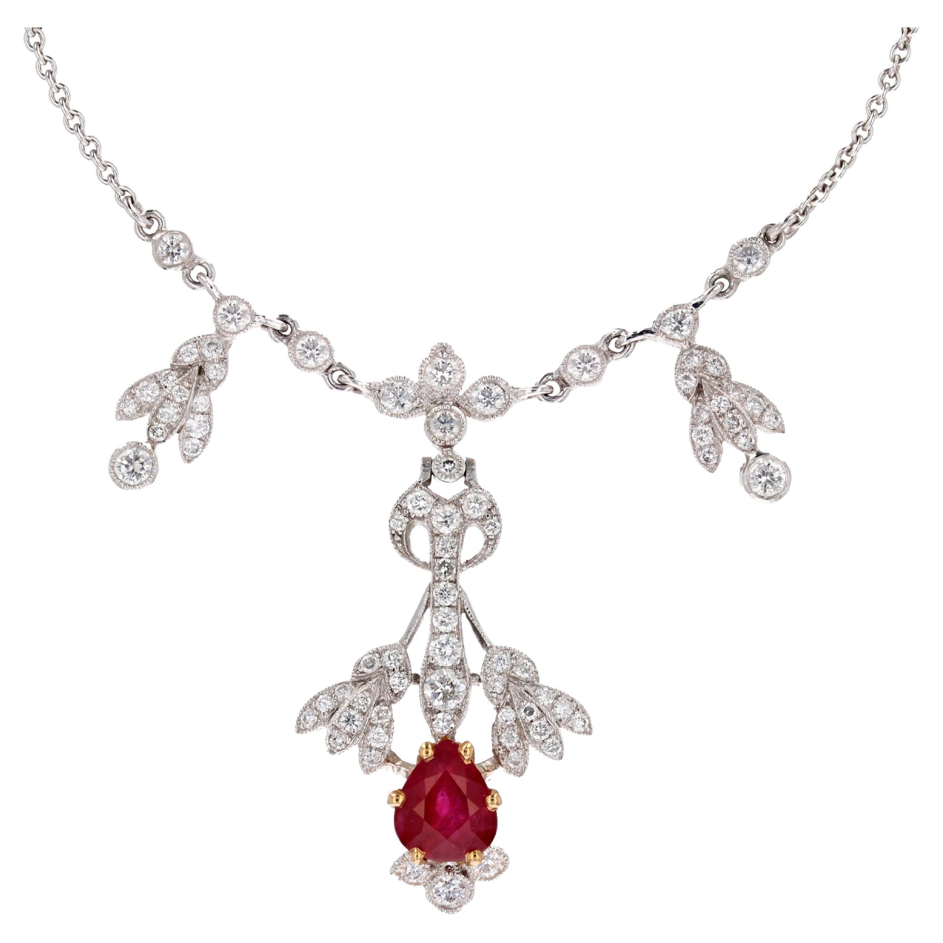 Belle Epoque Style Platinum 1.16 Carat Ruby 1.06 Carat Diamond Pendant Necklace
