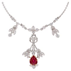 Belle Epoque Style Platinum 1.16 Carat Ruby 1.06 Carat Diamond Pendant Necklace