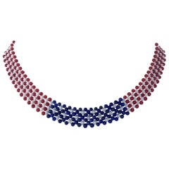Woven White, Red Coral & Lapis Lazuli American Flag Necklace