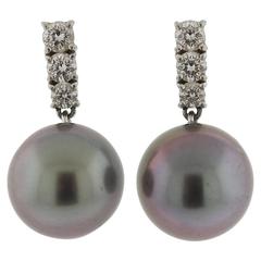 Vintage Mikimoto Tahitian Pearl Diamond Platinum  Earrings