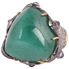 Trillion shape Cabochon Emerald Ring with Diamonds