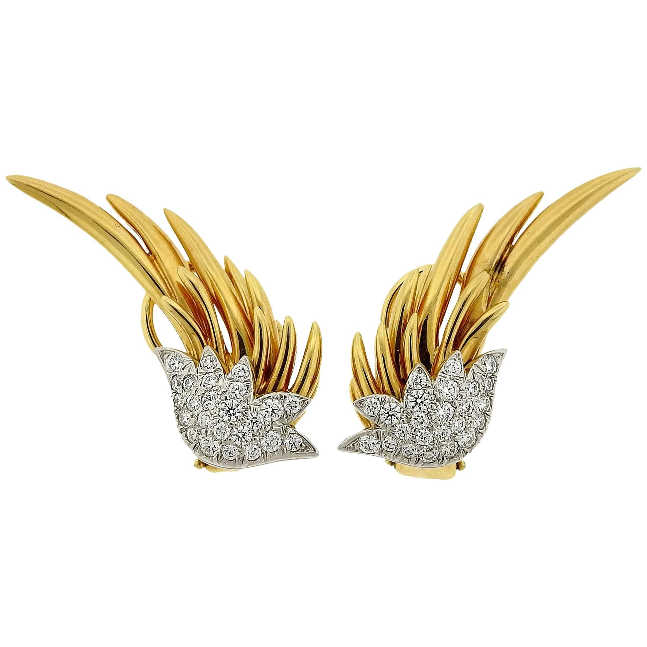 Tiffany & Co. Jean Schlumberger Gold Platinum Diamond Flame Earrings