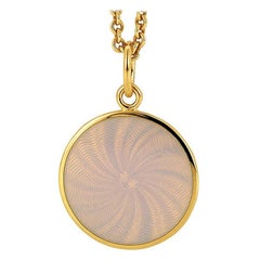 Round Diskos Pendant Necklace 18k Yellow Gold  White Guilloche Enamel 15.0 mm
