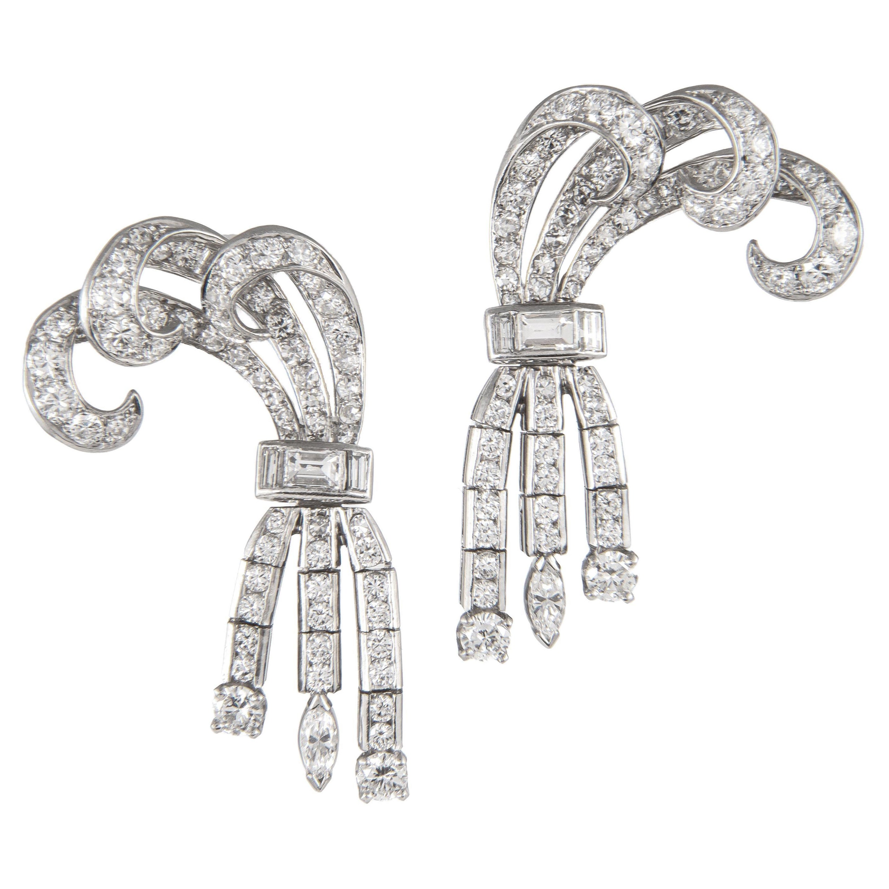 Vintage 3.10ct Round, Baguette, & Marquise Diamond Ribbon Earrings Platinum