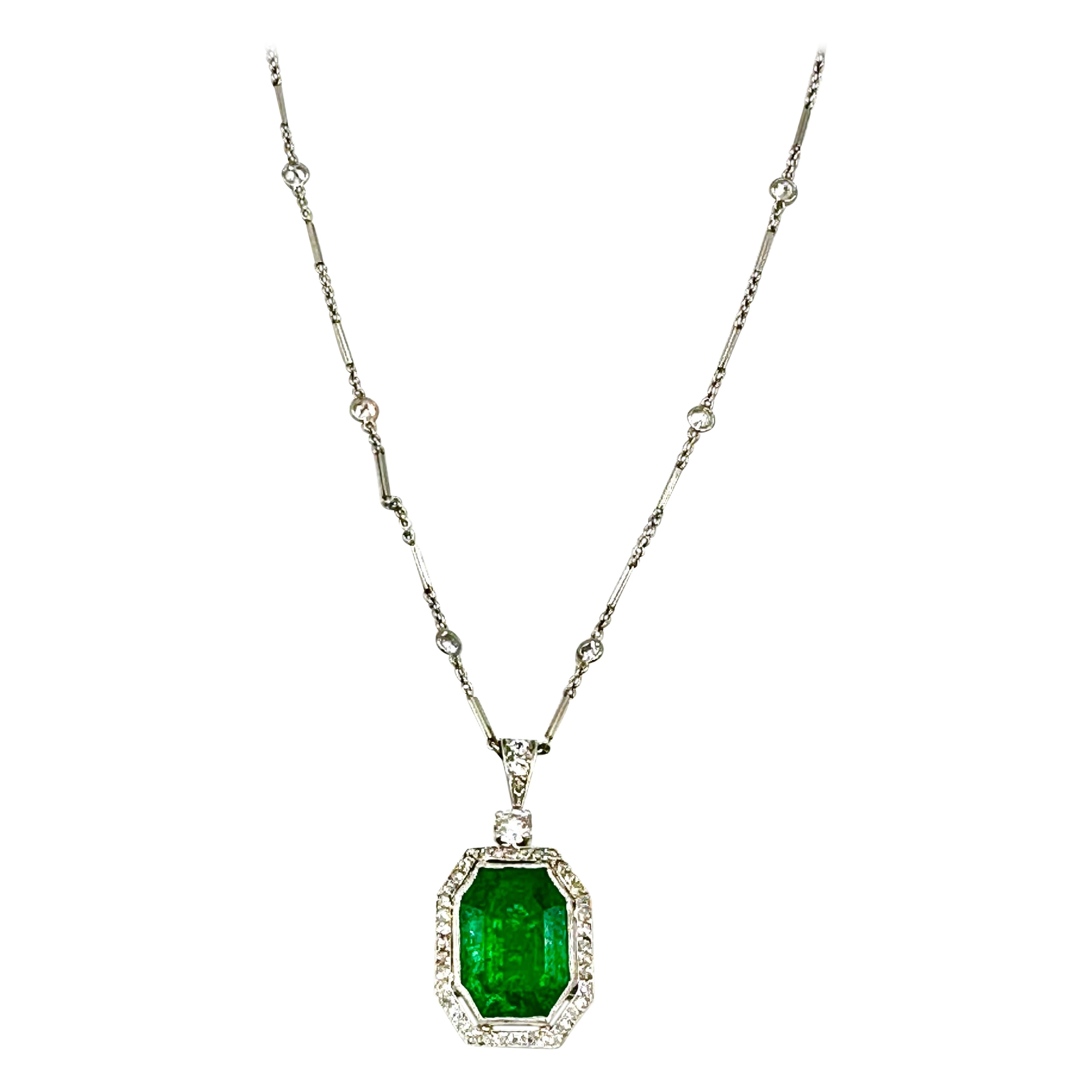 Art Deco 7.75 Carat Natural Colombian Emerald and Diamond Pendant Necklace