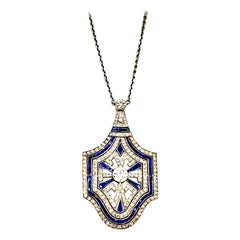 2.62 Carats Diamond and Sapphire Art Deco Platinum Pendant Necklace