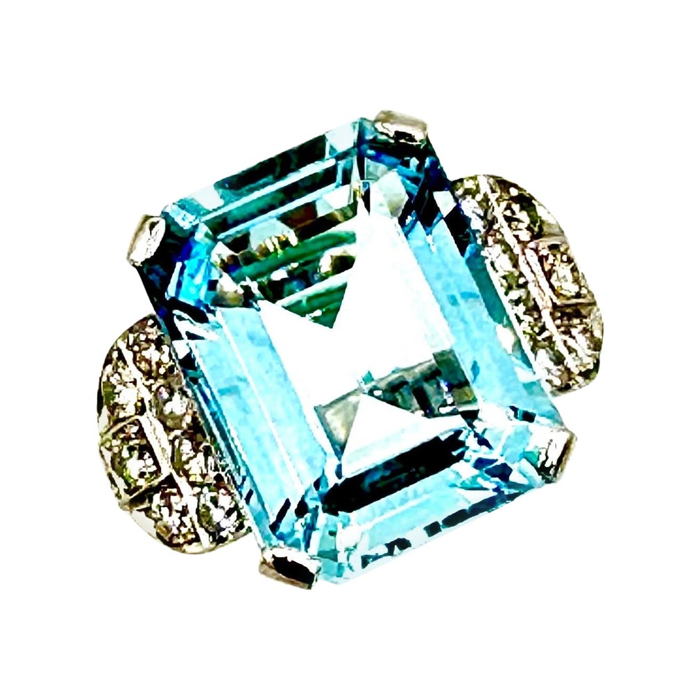 Retro 21.67 Carats Emerald Cut Aquamarine and Diamond Platinum Cocktail Ring