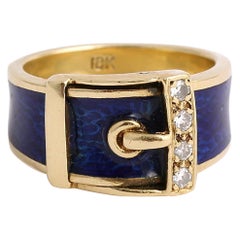 Vintage Diamond & Blue Enamel Buckle 18k Gold Ring