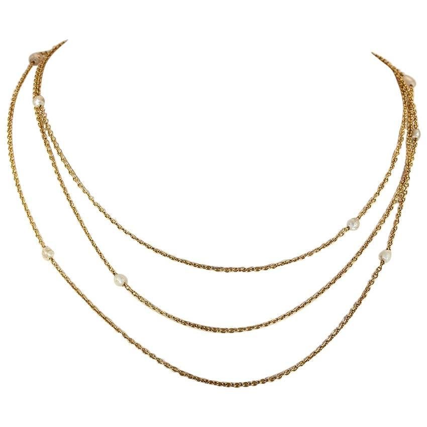 Victorian Pearl Triple Chain Gold Necklace  For Sale